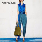 Loose BlueTwo Piece Set For Women V Neck Sleeveless Tops High Waist Lace Up Pants Female Suits Spring Fashion