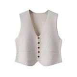 Fashion Solid Color Soft Suit Knitted Vest Women's Spring Soft Suit Autumn V Collar Single-Breasted Buckle-Outfit