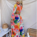 Fongt Autumn And Winter New Fashion Print Round Collar Lantern Sleeve Long Style Accept Waist Dress-23132-Outfit