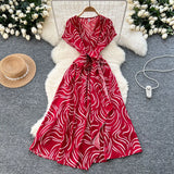 Fongt Summer New Small High-End Sense V-Neck Short-Sleeved Waist Irregular Open-Fork Print Dress Women's Long Dress