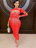 Beautiful Mock Neck Crystal Midi Dress Womens Sparkle Black Mesh Rhinestone Party Dress Birthday Outfits Sexy