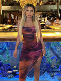 Women's Printed Spaghetti Maxi Dress Sexy Backless Strap Cleavage Body-shaping Dresses Lace-up Robe Hipster Streetwear-Outfit