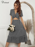 Sexy Summer Dresses For Women 2022 Grid Hollow Out Deep V Neck Midi Party Dress Holiday Fashion Elegant Female