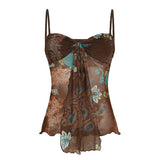 Fongt New Y2K Retro Print Bumpy Hottie Sexy Mesh Splicing Ribbon Low Chest Small Sling Vest