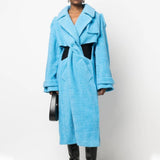 Fongt 2024 New Fashion Hollow Design Sense Kink Waist Show Thin Long Blue Plush Coat Female-Outfit