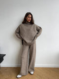 Fongt High-Neck Open Fork Wool Sweater Set Women's Loose Casual Lazy Knitting Trousers Two-Piece