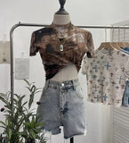 Real Shooting Retro Tie-Dye Double-Layer Mesh Half-High-Neck Short-Sleeved T-Shirt T-Shirt Short-Sleeved T-Shirted Woman