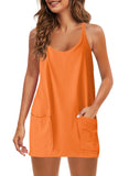 Fongt Summer Solid Sleeveless Dress Fine Shoulder Strap Vest Skirt Sports Skirt Pocket