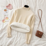Turtleneck Plus Velvet Slim Sweater Women Winter Warm 2023 Thicken Knitted Pullover Casual Fleeve Lined Bottomed
