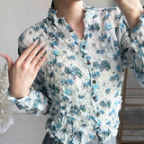 Fongt Folded Print Folding Shirt 2025 Summer New Cardigan Blouse Retro Temperament Wrinkled Shirt