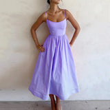 Fongt Women's New 2025 Spring Dress Solid Color Sexy U-Neck Waist Folding Sling Dress