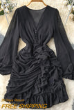Women Chiffon Derss Spring Autumn Sexy V Neck Ruffles Bodycon Dresses Ladies Slim Pleated Beach Party Dress