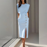 Fongt Elegant Workplace Party Button Dress New Burst