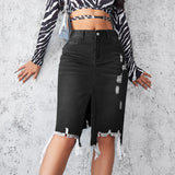 Fongt Autumn And Winter New Casual Bag Hip Skirt Tuxed Hole Cowboy Skirt Women's Dress Thin