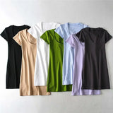 New Large U-Necked Dress Summer Solid Color Leisure Basic Medium-Long Short-Sleeved T-Shirt Skirt-Outfit