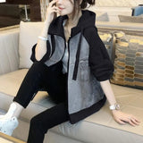 Solid Color Denim Coats Patchwork Female Spring Autumn New Fashion Pockets Zipper Korean Loose Hooded Drawstring Jackets-Outfit