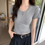 Version Of The New Solid Color U-Collar Short-Sleeved T-Shirt Women's 2024 New Spring And Summer Style Slim And Slim
