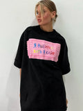 Fongt Letter Print Bumper T-Shirt Foundation Buffet Short Sleeves Front Shoulder Thin Long Round Collar Top