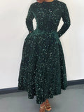 Fongt New Women's Round-Necked Long-Sleeved Solid-Colored Bright-Waisted High-Rise Dress Dress Dress