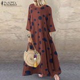 Autumn 3/4 Sleeve Polka Dot Printed Long Dress Vintage Women's Cotton Linen Dresses Female Kaftan Vestido Femme
