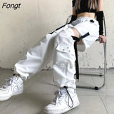White Streetwear Cargo Pants Women Y2k Harajuku Loose Patchwortk High Waist Trousers Casual Removable Techwear