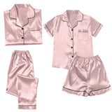 Women's Blue Pajamas Sets Silk Satin Top Pant Long sleeve Solid Button-Down Pyjamas Satin Set Nightgown Ladies Sleepwear-Outfit