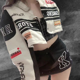 Bomber Woman Varsity jacket Vintage Long Sleeves Race Car Jacket Detachable Hem Coat 2022 Summer American Baseball