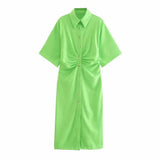 2022 Short Sleeve Summer New Women Fold Mini Dress Retro Slim Elastic Button Pleated Shirt Lapel