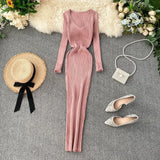 Fongt Women's Autumn And Winter 2025 New Korean Version Of Simple Solid Color Long Sleeves Tight Waist Thin Knit Long Dress