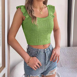 Spring And Summer Solid Color Square Wood Ear Sleeveless Knitted Shirt Open Umbilly Tops Women's