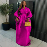 Fongt New Loose V-Neck Bat Long-Sleeved Dress 褶皱收 Waist Big Swing Fashion Party Dress Dress