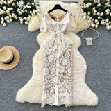 Fongt Small Scented Dress Female Elegant Diamond Buckle Clame Collar Short-Sleeved Hollow Lace Dress