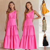 Fongt And Summer 2023 New Single Shoulder Knot Solid Color Fresh And Sweet Long Dress 22004-Outfit