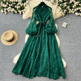 Fongt Stand-Up Single Buckle Heavy Industry Hook Flower Embroidery Lantern Sleeve With A Long Dress With A Big Swing