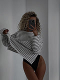 Fongt Spring And Summer New Striped T-Shirt Women Simple Leisure Loose Thin Sleeve Long-Sleeved Top