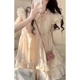 Fongt Sweet Little Flying Sleeve Fairy Dress Summer Lace Wood Ear Tie Waist Thin Princess Dress