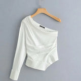 women fashion solid color one shoulder pleated Shirt blouses women irregular hem white roupas femininas chemise shirt
