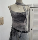 Fongt Girls Newspaper Tie-Dye Printing Net Waste Vest Irregular Rope Ribbon 1197