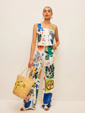 Fongt Women's Fashion Print Wide Leg Trouser Vest Casual Fashion Two-Piece Set