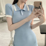 Fongt Summer New Short Dress Polo Collar Short Sleeve High-Sleeved Butt Dress Korean Style A-Character Dress In