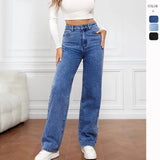 Fongt Burst Elastic Water Wash Denim Fashion Straight Trousers Trousers Trousers Trousers Women