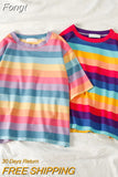 casual tshirt loose rainbow striped O-neck short-sleeved women t-shirt tops female t shirt cloth Harajuku clothes