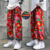 Northeast Big Flower Leisure And Velvet Foot Casual Pants Large Size Chinese Wind Peony National Characteristics And Velvet Big Flower Pants-Outfit