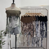Fongt Shot Shoulder Cross Hanging Neck Knitting Mesh Yarn Coat Irregular Ribbon Horn Long-Sleeved T-Shirt 1101