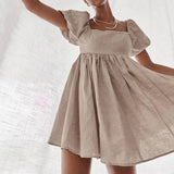 Vintage Lantern Sleeve Hemp A-Line Dress Short Sleeve Square Collar Solid Elegant Casual Mini Dress 2021 Summer New