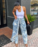 Fongt Women's High-Waist Jeans New Women's Fashion Personality Folding Trousers