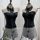 Fongt Shot With Chest Pad Hanging Neck Sling Vest Babes Design Pu Skin Tight Short Sleeveless Top Woman 1359
