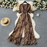 Fongt Dress Holiday Wear Chic Light Leisure V Collar Short Sleeves Tight Waist High Waist Thin Leg Print Jump Trousers