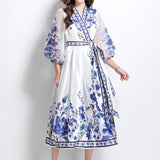 Fongt Retro Cross-Lace With Waist V-Neck Yarn Lantern Sleeves Thin Temperament Print Dress