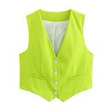 Fongt Women's Retro Solid Color Candy Color V-Neck Short Suit Vest / Horse Clip Cane